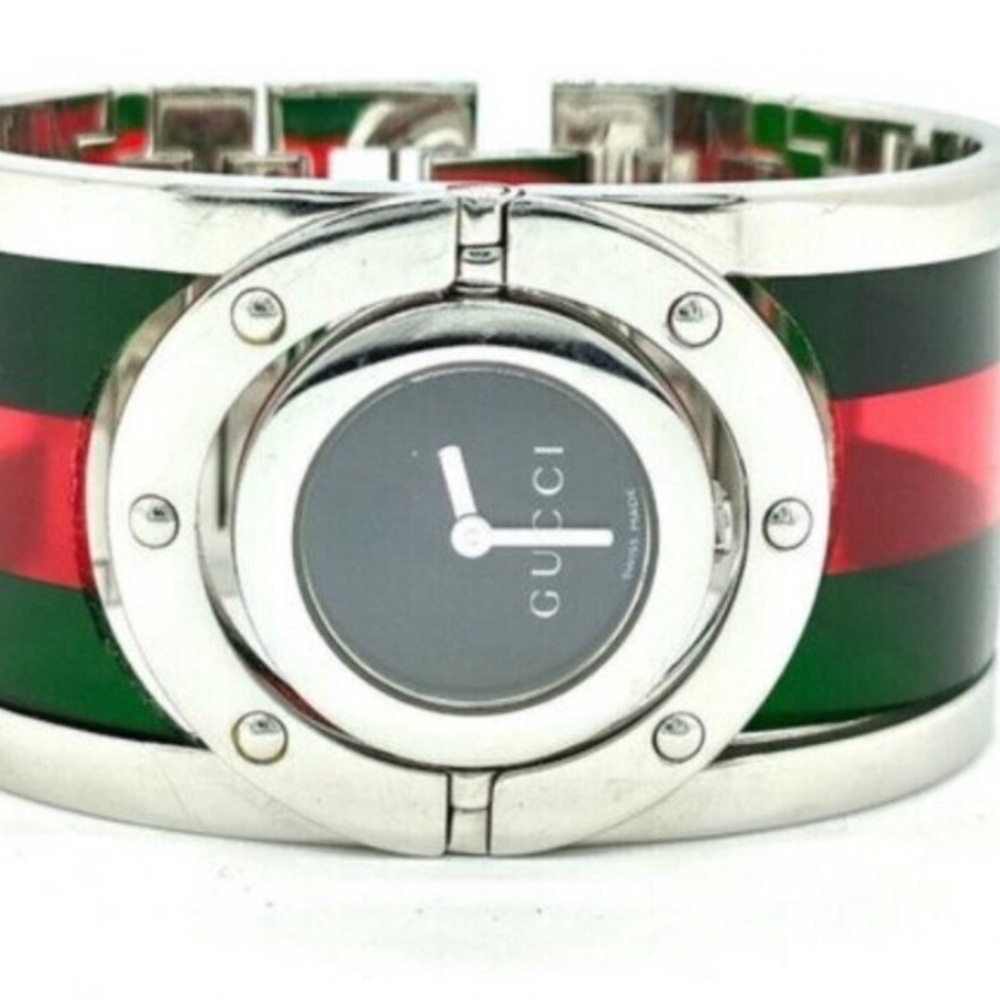 Authentic Gucci Silver Twirl Watch with Green and Red Accents